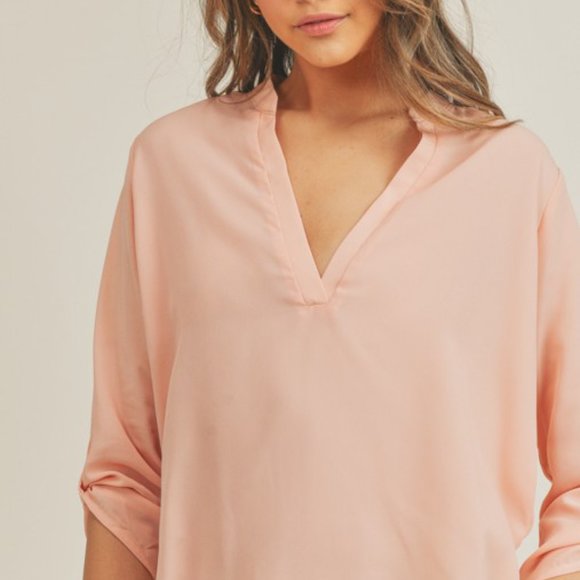 3/4 Tab Sleeve Blouse V Neck Sheer Lightweight Pink Yellow - Picture 2 of 6